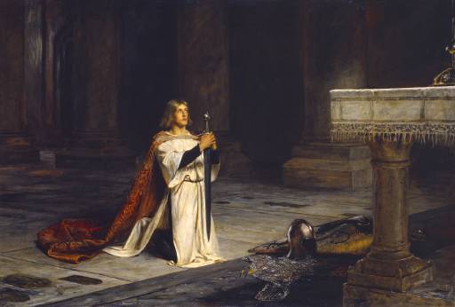 A Catholic knight performs vigil. (The Vigil, John Pettie, 1884, Tate Gallery.)